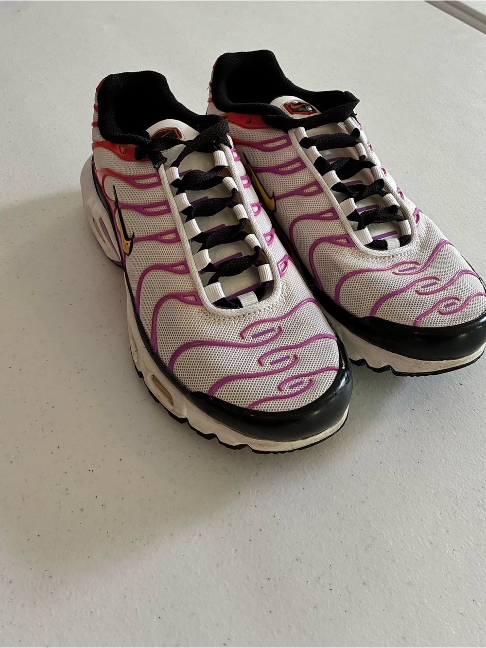 Nike White Sneakers with Pink Accents and Yellow Swoosh